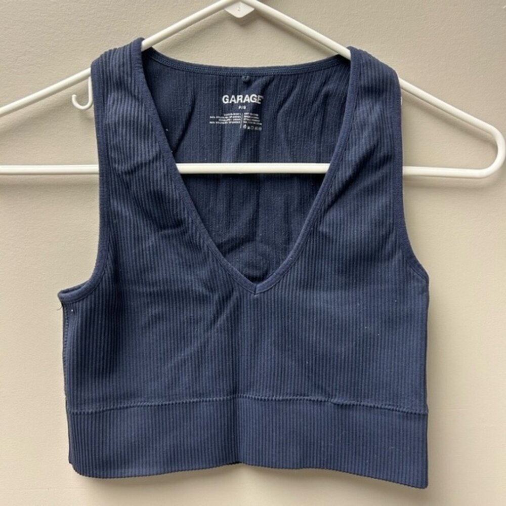 Garage Ribbed Blue V Neck Tank Top